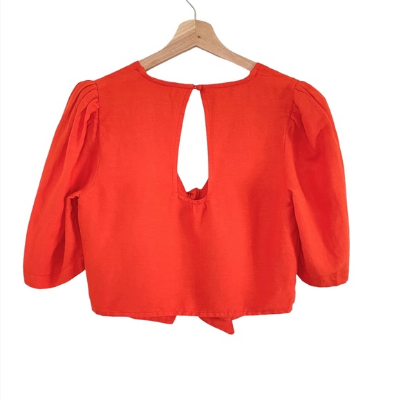 NWT Anthropologie Maeve Short Sleeve Tie-Front Linen Blend Blouse Orange 4 - Picture 5 of 16
